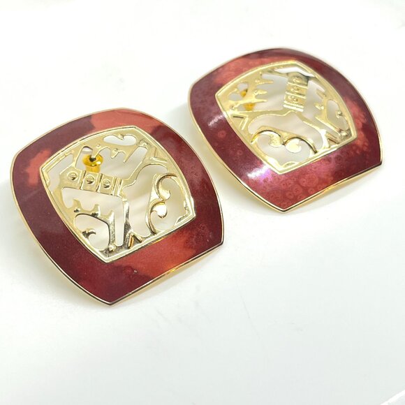 VINTAGE BEREBI ABSTRACT EARRINGS GOLD TONE RED MODERNIST ARTISAN STATEMENT - Picture 8 of 13